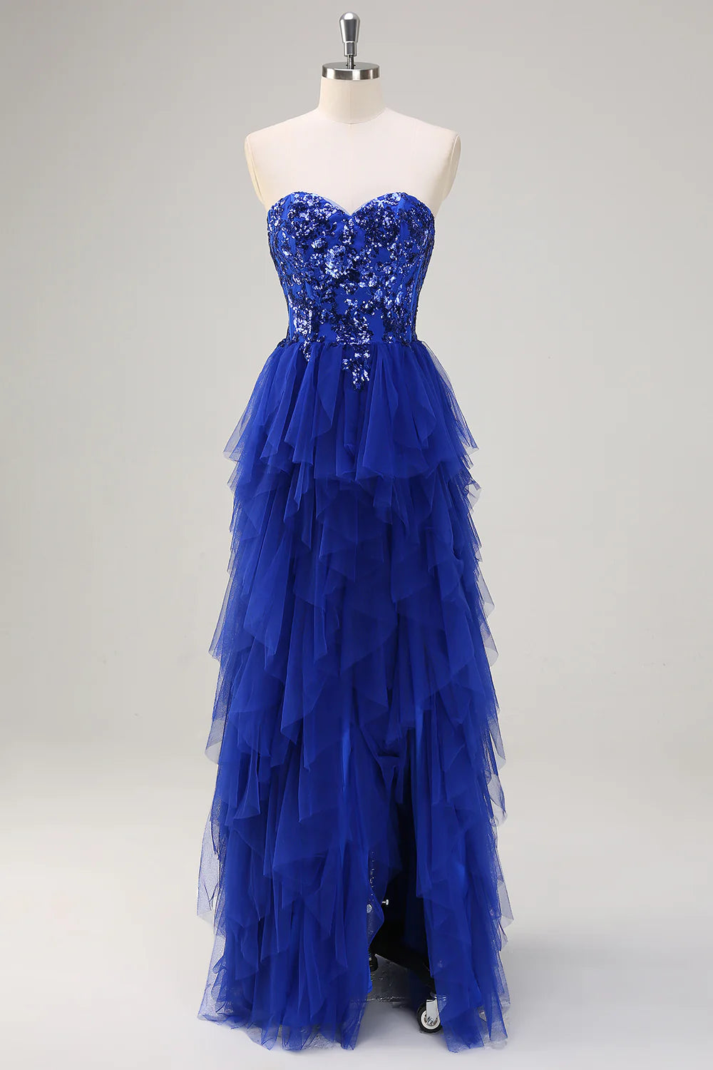 Sparkly Royal Blue A-Line Strapless Sequin Tulle Prom Dress with Slit