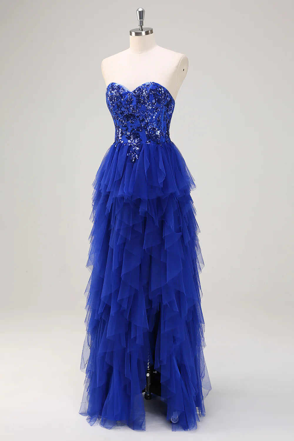 Sparkly Royal Blue A-Line Strapless Sequin Tulle Prom Dress with Slit