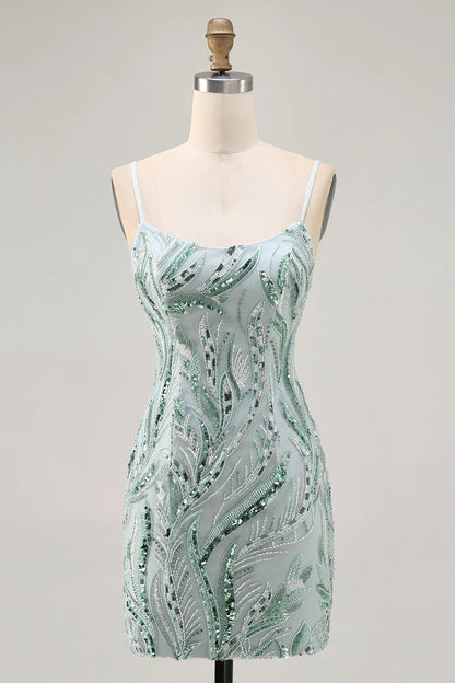 Sparkly Sequins Green Bodycon Short Homecoming Dress with beading