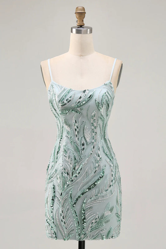 Sparkly Sequins Green Bodycon Short Homecoming Dress with beading