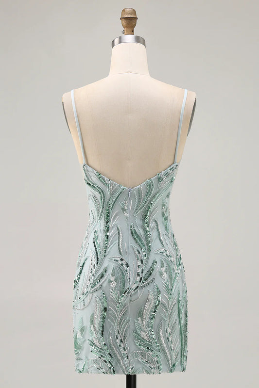Sparkly Sequins Green Bodycon Short Homecoming Dress with beading