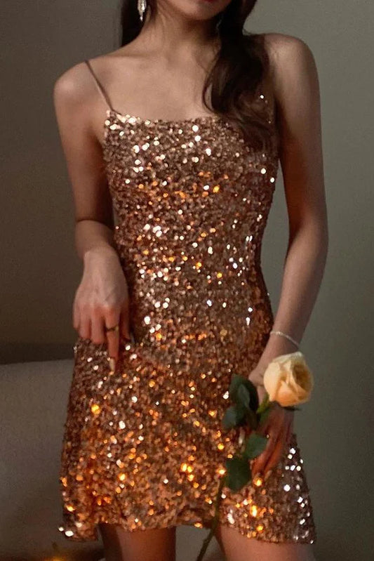 Sparkly Spaghetti Straps Gold Sequined Sleeveless Short Homecoming Dress