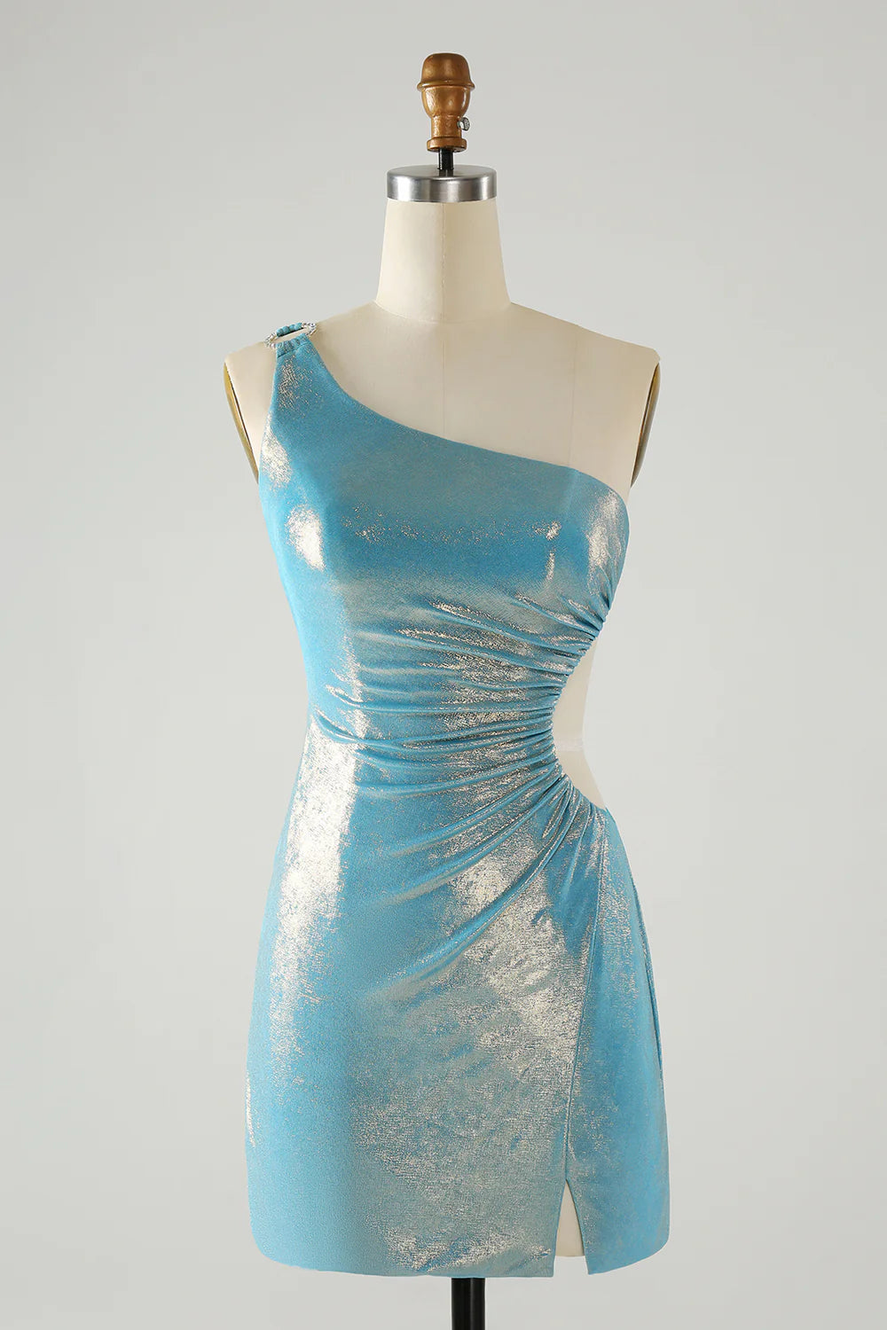 Sparkly Tight One Shoulder Hollow Out Pleated Metallic Homecoming Dress With Slit