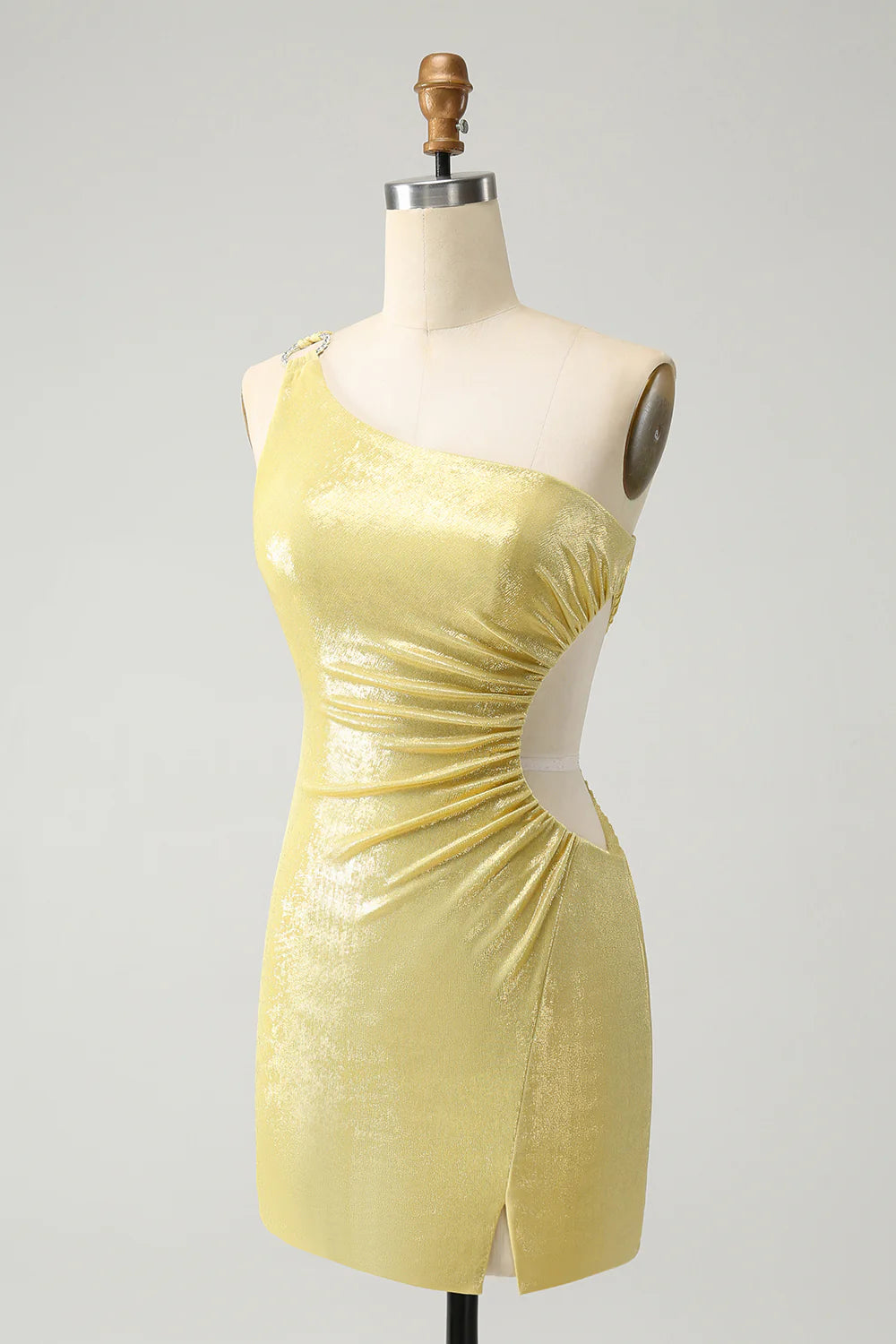 Sparkly Tight One Shoulder Hollow Out Pleated Metallic Homecoming Dress With Slit