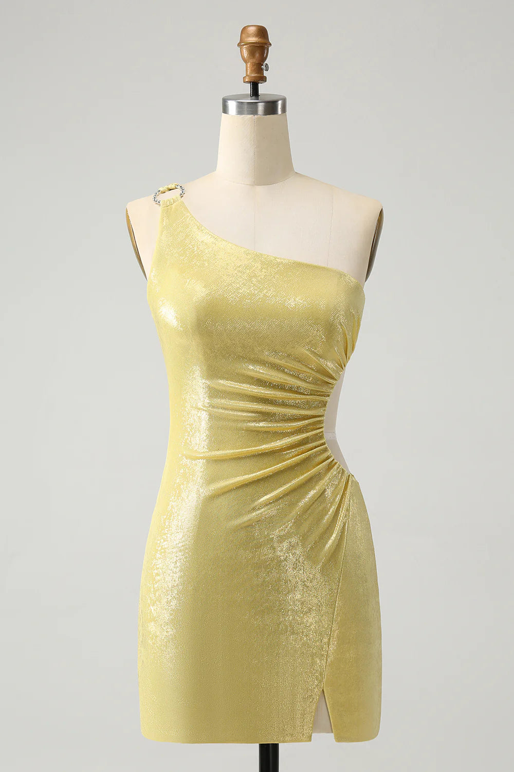 Sparkly Tight One Shoulder Hollow Out Pleated Metallic Homecoming Dress With Slit