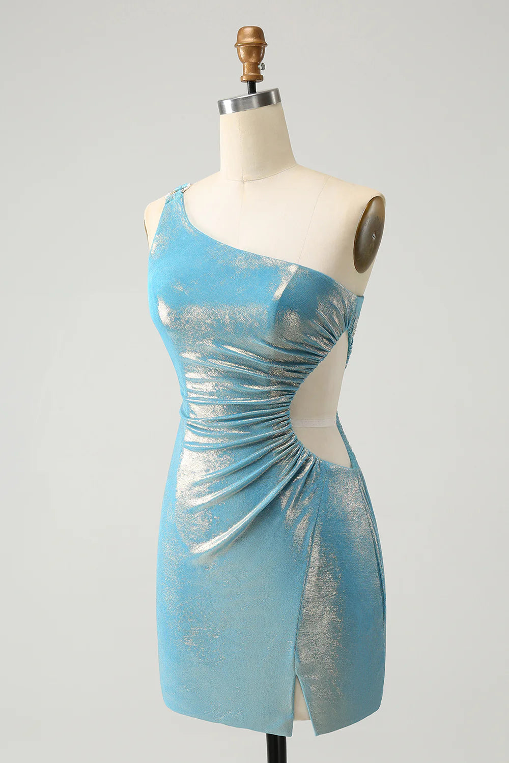 Sparkly Tight One Shoulder Hollow Out Pleated Metallic Homecoming Dress With Slit