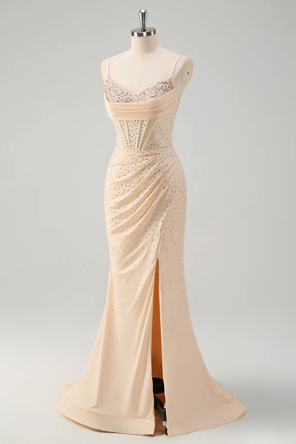 Sparkly Yellow Mermaid Spaghetti Straps Ruched Prom Dress With Slit