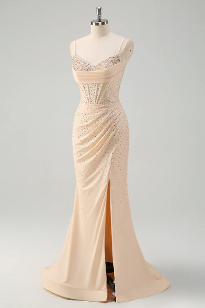 Sparkly Yellow Mermaid Spaghetti Straps Ruched Prom Dress With Slit