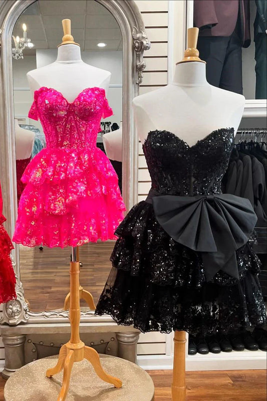 Strapless  A-line sweetheart layered back to school dress with bow tie