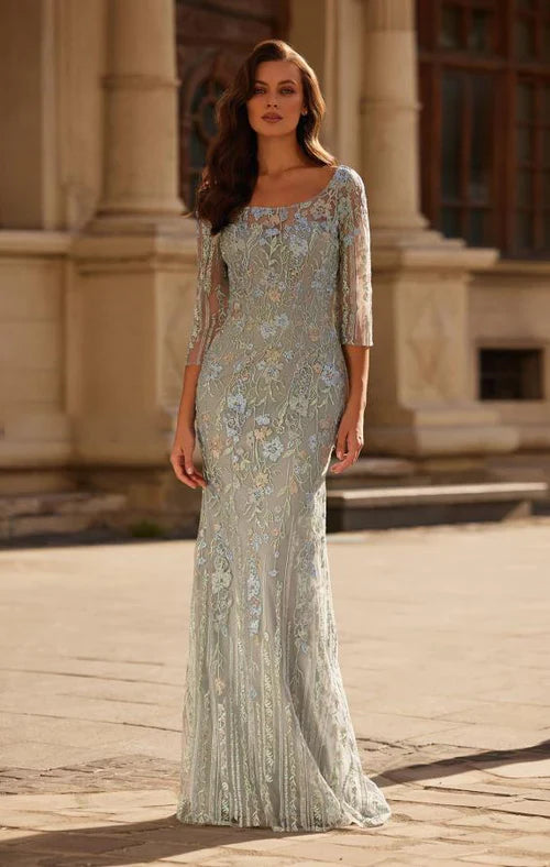 Square Neck 3/4 Sleeve Floral Lace Appliqu¨¦ Sage Green Tulle Mermaid Chapel Train Prom Dresses