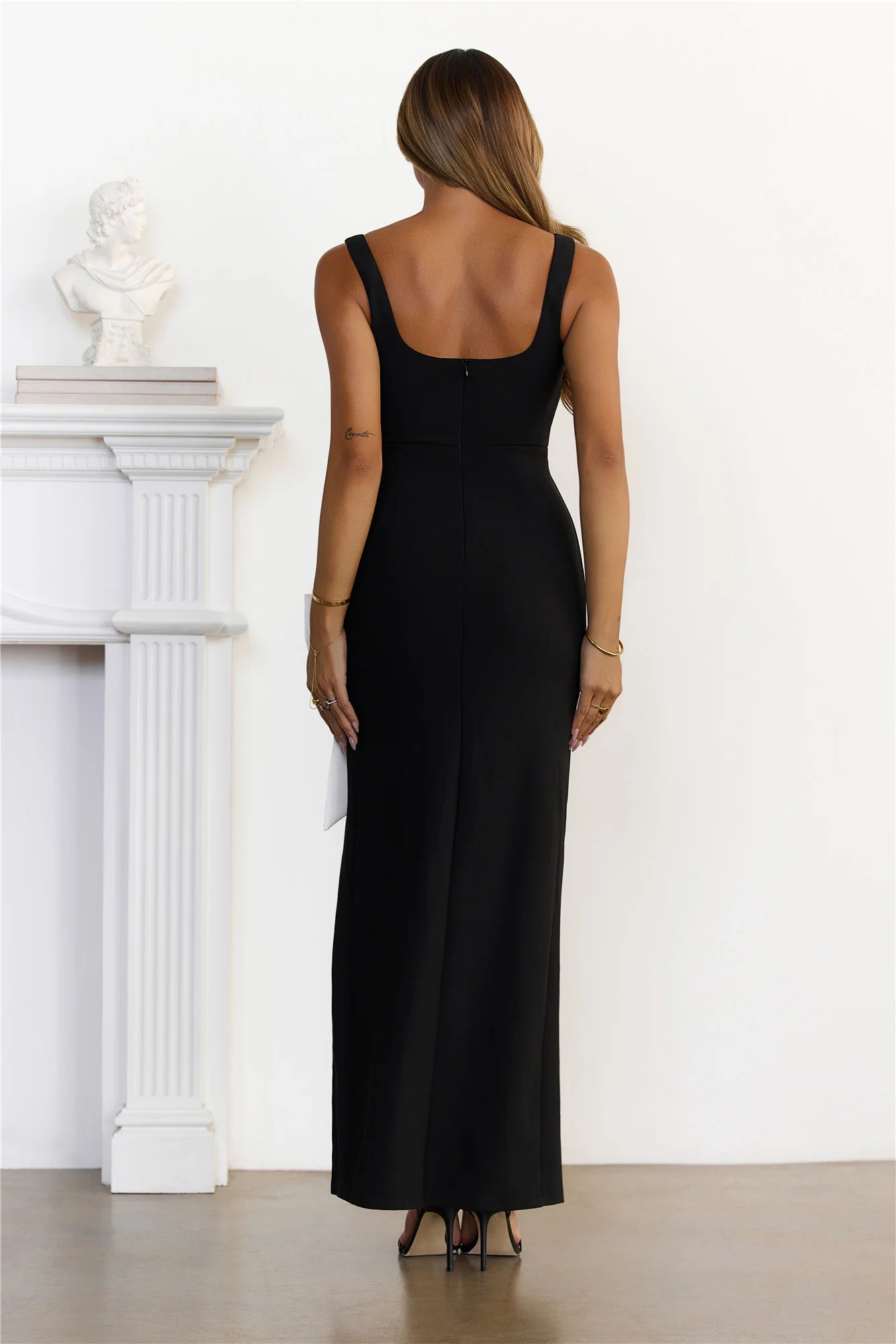 Square Neck Black Maxi Evening Dress with Contrast White Bow Detail