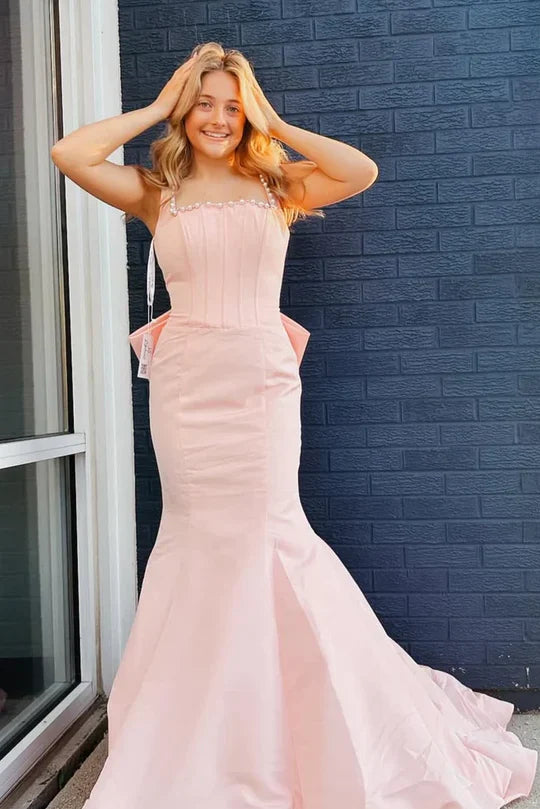 Square Neck Blush Satin Mermaid Prom Dress with Pearl Trim and Back Bow