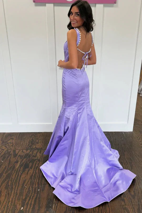 Square Neck Lavender Satin Mermaid Prom Dress with Pearl Trim and Open Back
