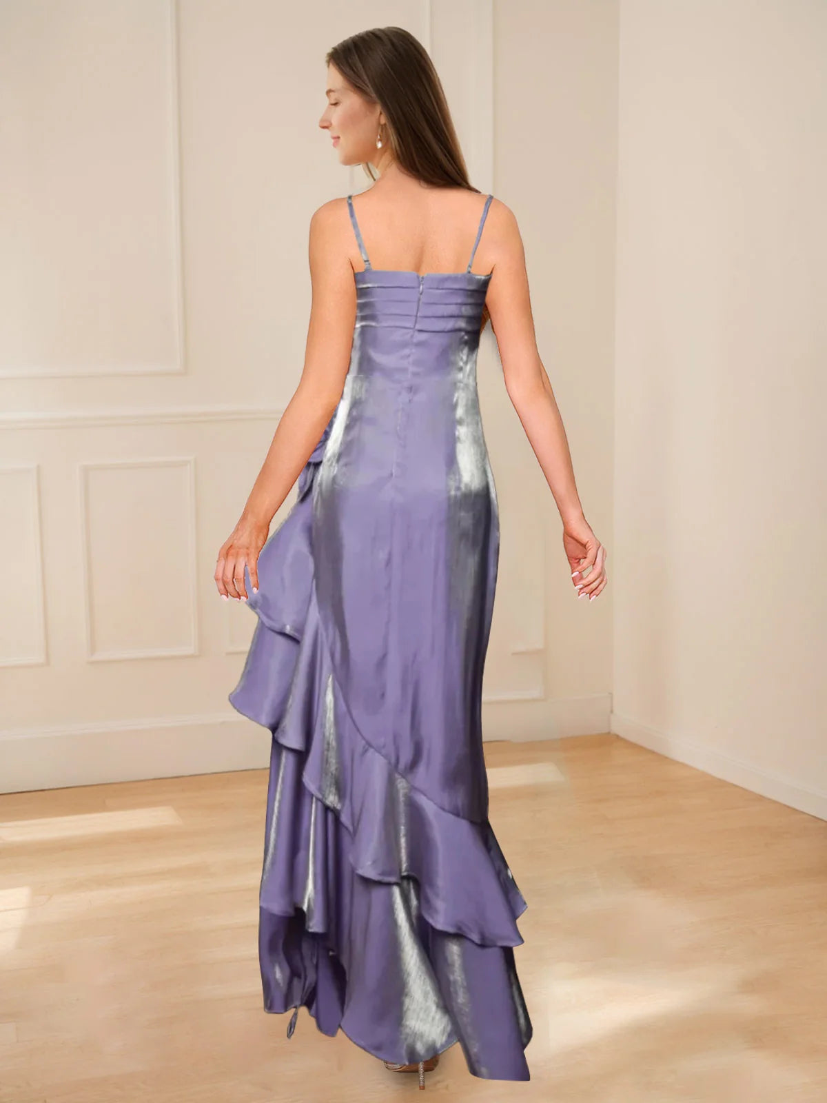 Square Neck Metallic Satin Prom Dress with 3D Flower Cascading Ruffle High Low Evening Gown