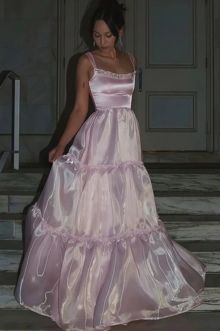 Square Neck Pink Organza Tiered Prom Dress with Ruffle Trim and Satin Bodice