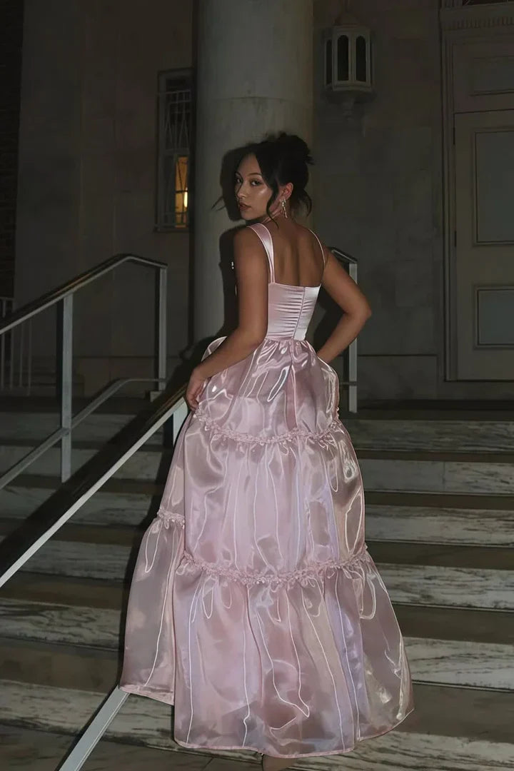 Square Neck Pink Organza Tiered Prom Dress with Ruffle Trim and Satin Bodice