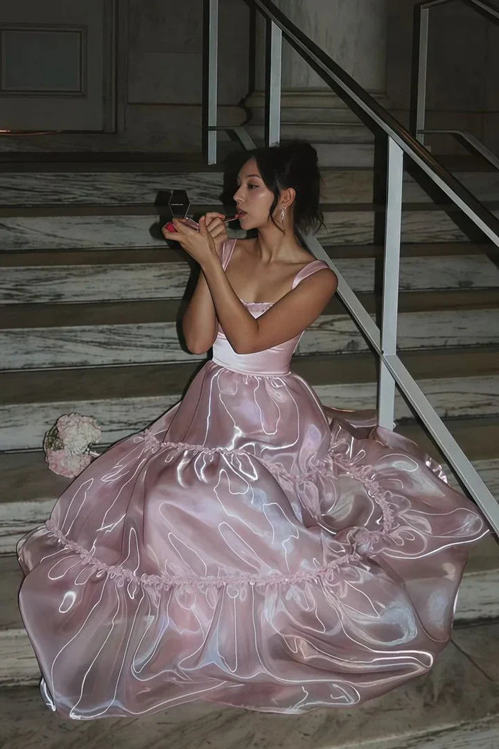 Square Neck Pink Organza Tiered Prom Dress with Ruffle Trim and Satin Bodice