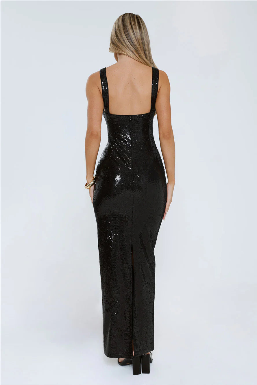 Square Neck Sequin Cutout Maxi Evening Dress with Back Slit
