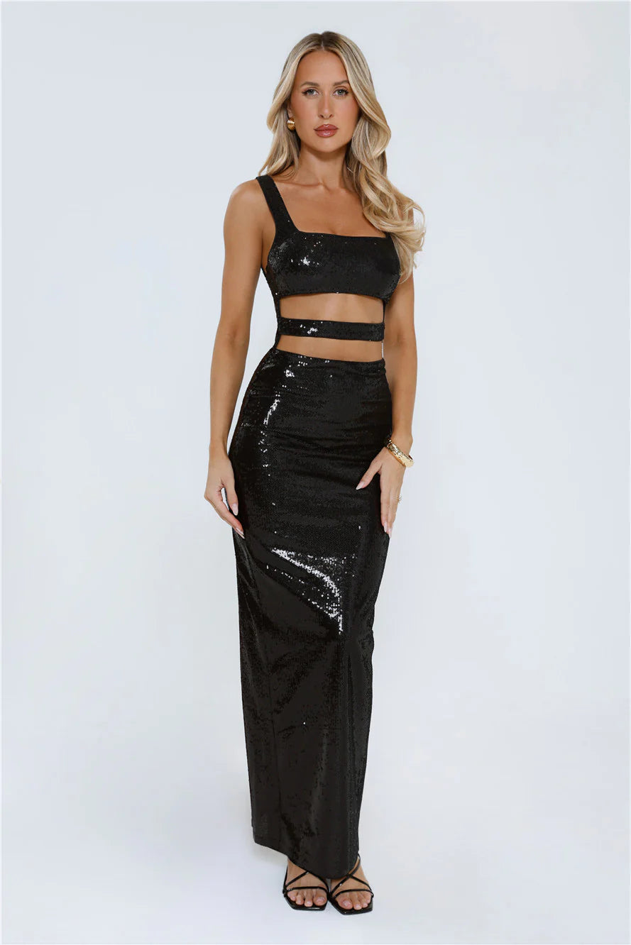Square Neck Sequin Cutout Maxi Evening Dress with Back Slit