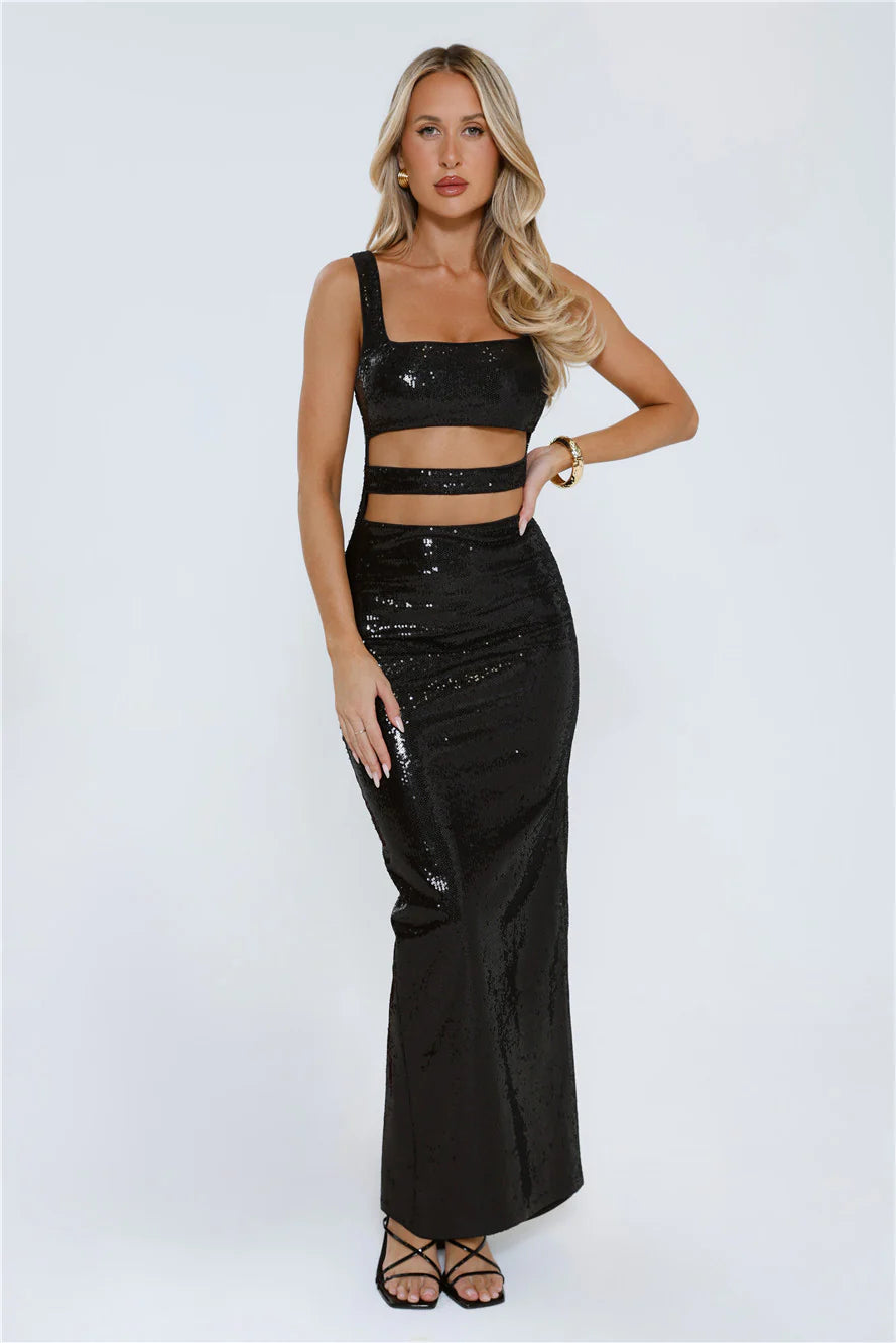 Square Neck Sequin Cutout Maxi Evening Dress with Back Slit