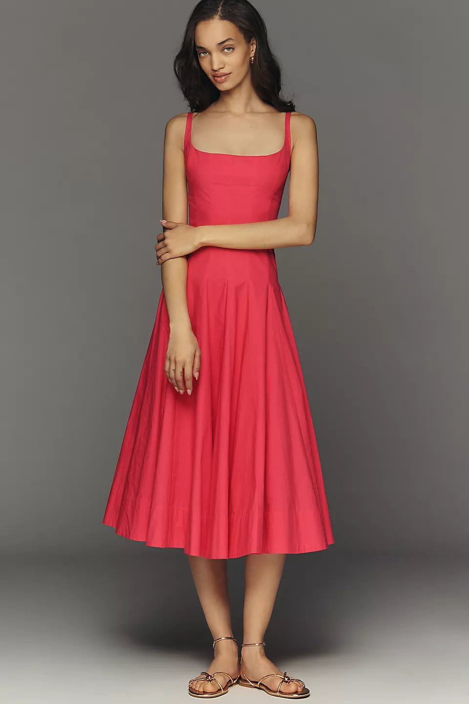 Square Neck Sleeveless Midi Evening Dresses with Flared Skirt