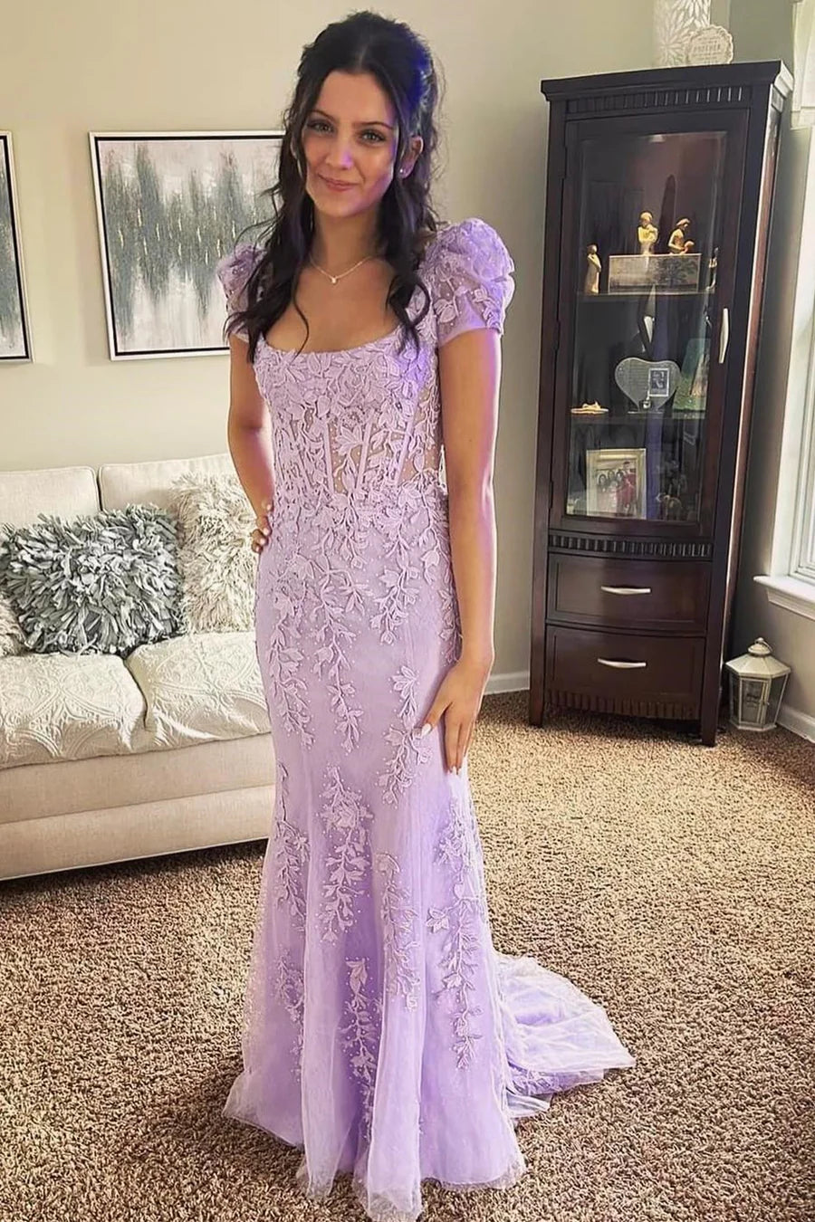 Square neck bubble sleeve applique chiffon long ball dress