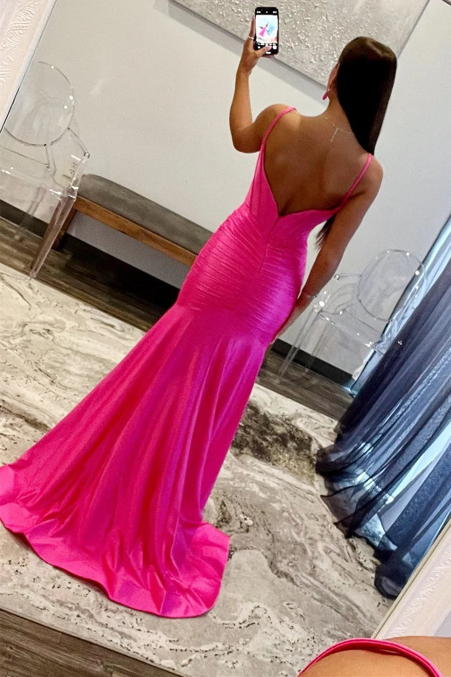 Square neck slim shoulder strap long ball dress with side slit