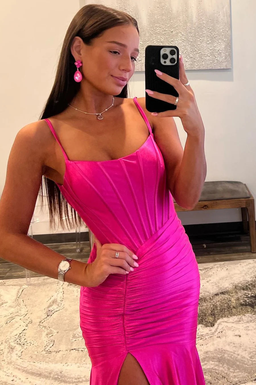 Square neck slim shoulder strap long ball dress with side slit