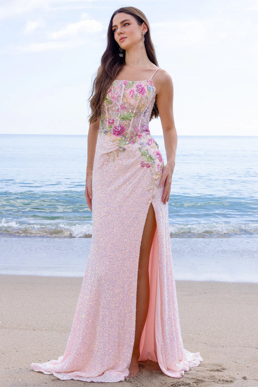 Square neck slim suspender mermaid dress with side slit and decal