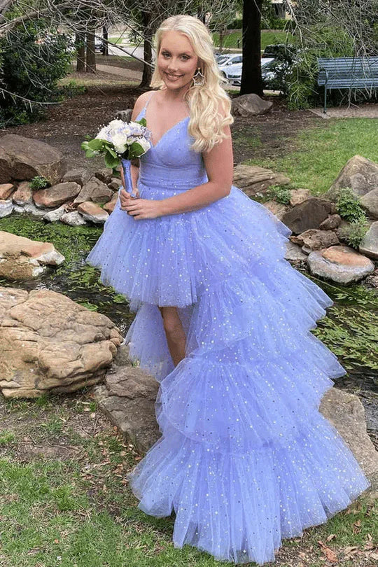 Star Printing Spaghetti Straps V-Neck Tiered High Low Ball Gown Prom Dress
