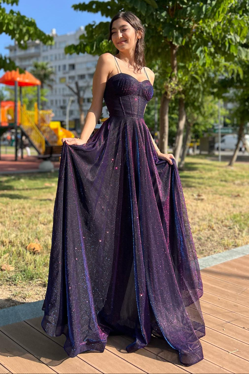 Starry Ballgown Sweetheart Spaghetti-Strap Back Zip Tulle Floor-Length Prom Dresses