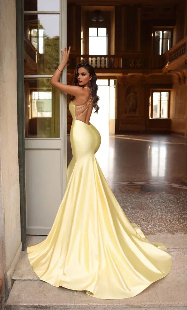 Elegant Mermaid Deep-V -Neck Spaghetti Straps Crisscross Back Sweep/Brush Train Prom Dresses