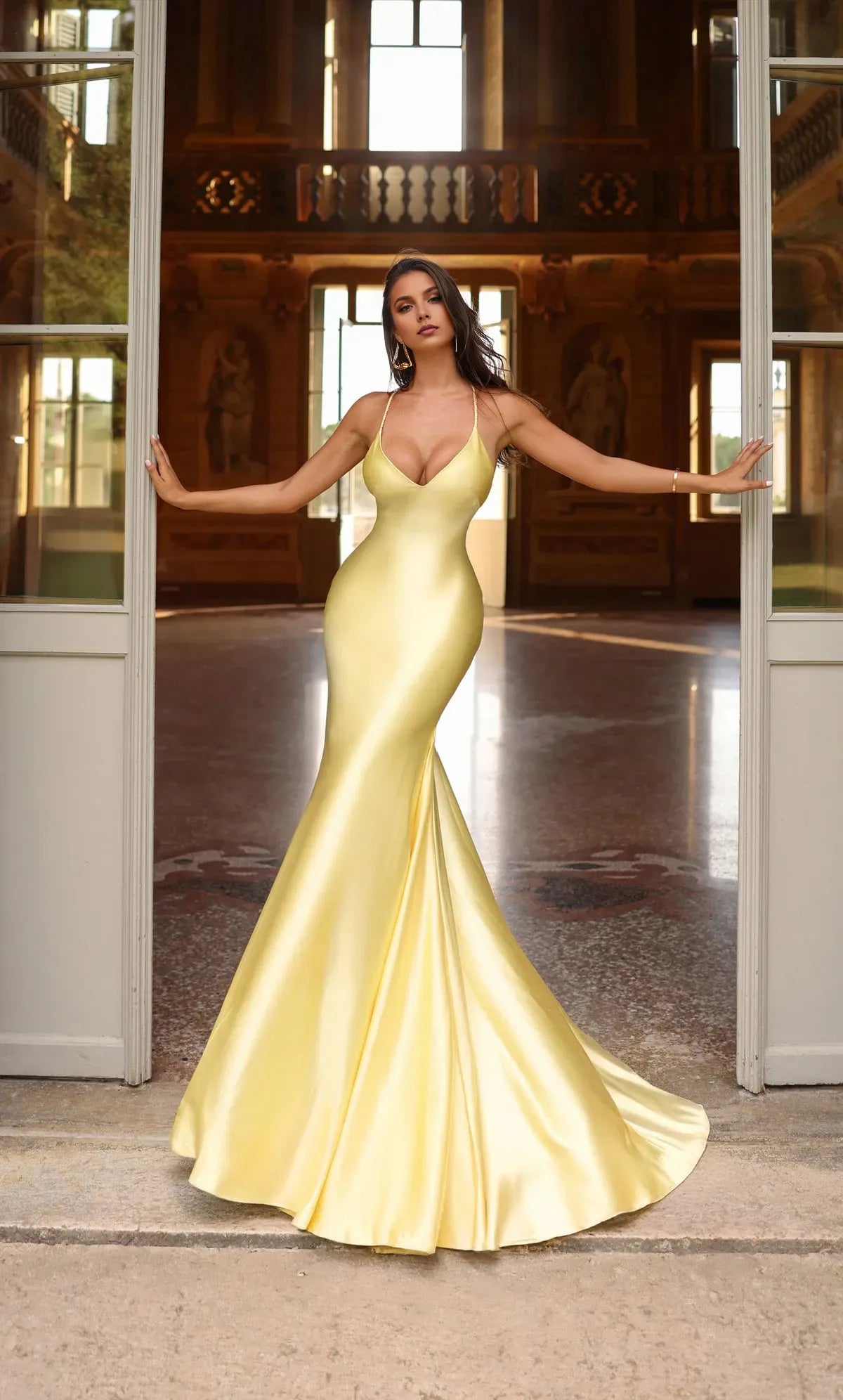 Elegant Mermaid Deep-V -Neck Spaghetti Straps Crisscross Back Sweep/Brush Train Prom Dresses