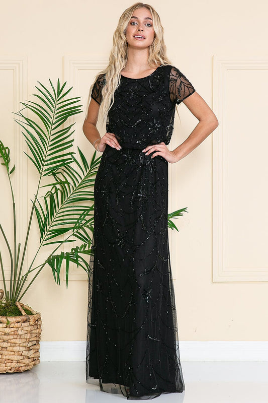 Straight round neck short sleeved sequined dress for brides and mothers