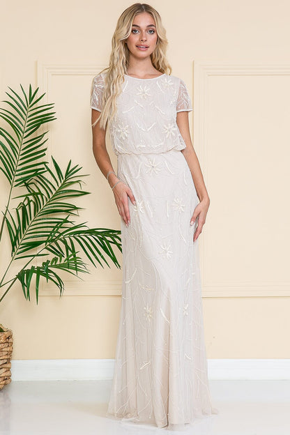Straight round neck short sleeved sequined dress for brides and mothers