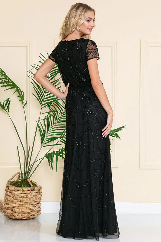 Straight round neck short sleeved sequined dress for brides and mothers