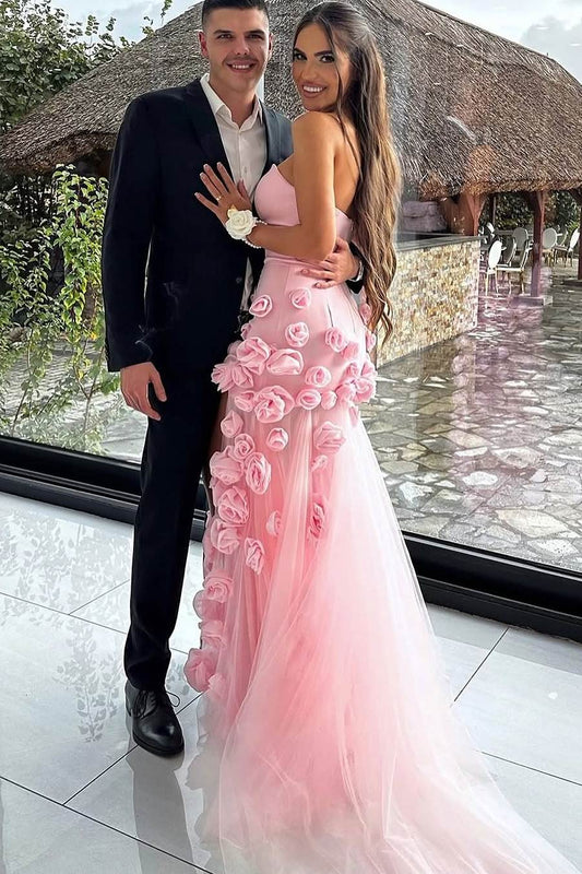 Strapless A-Line 3D Flower Side Slit Long Prom Formal Dress
