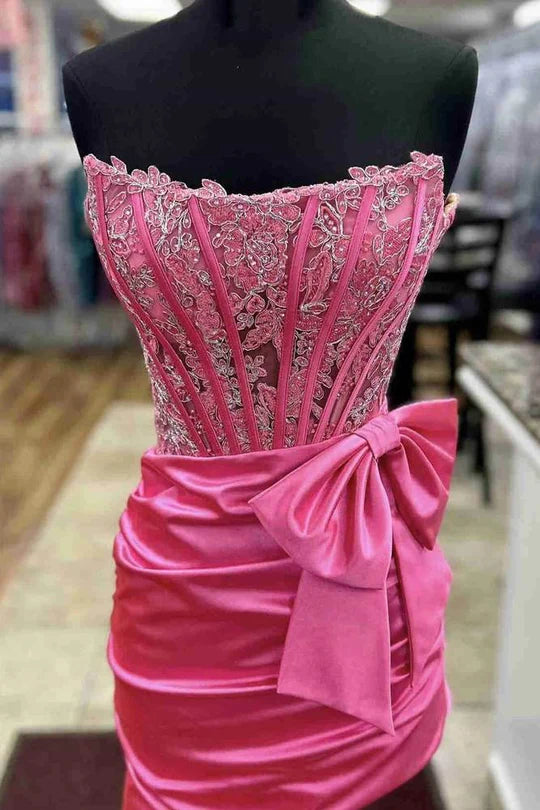 Strapless A-Line Boned Satin Homecoming Dress with Bow