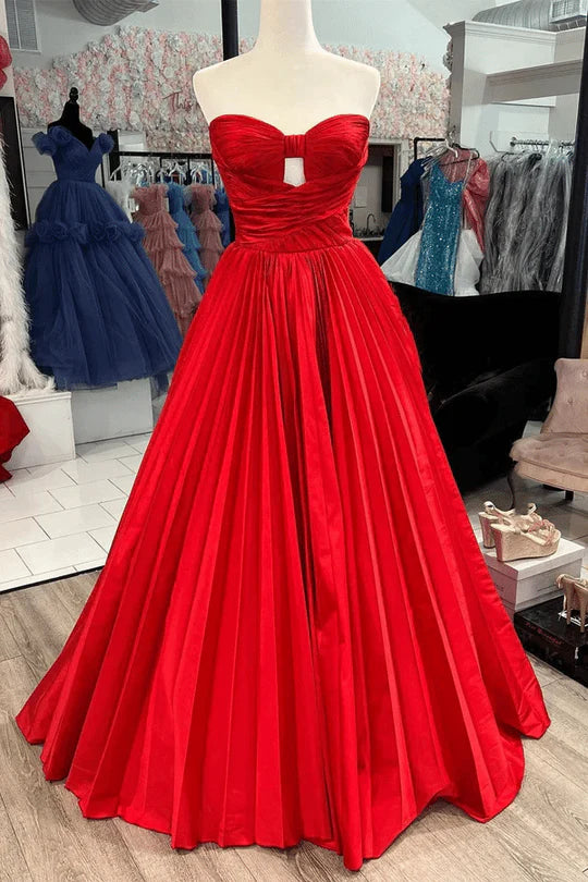 Strapless A-Line Bow Pleated Satin Sleeveless Long Prom Formal Dress