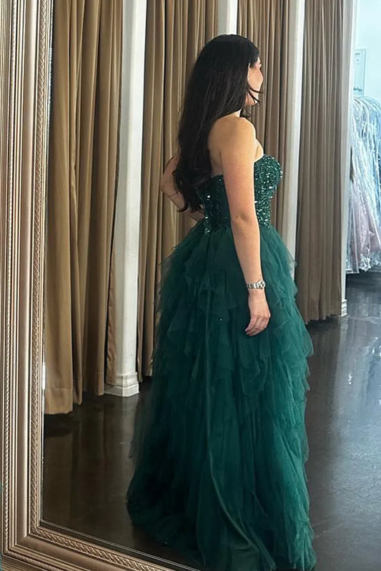 Strapless A-Line Sweetheart Appliques Ruffles Tulle Green Prom Dress with Slit