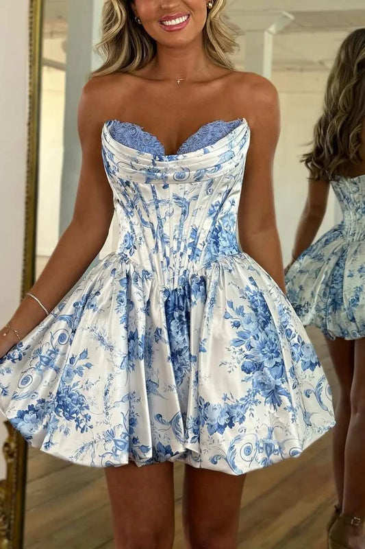 Strapless A-Line V-Neck Empire-Waist Print Short Homecoming Dress