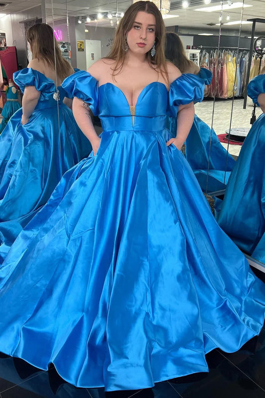 Strapless A-line long ball gown with bubble sleeves