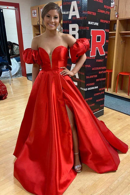Strapless A-line long ball gown with bubble sleeves