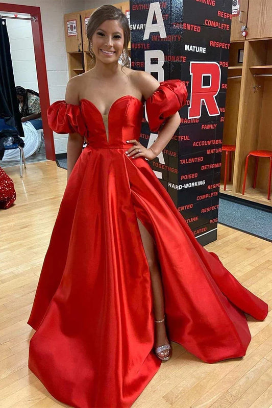 Strapless A-line long ball gown with bubble sleeves