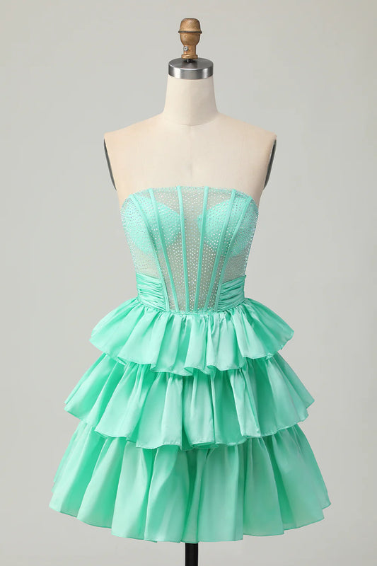 Strapless A Line Tiered Corset Beaded  Homecoming Dress with Bow