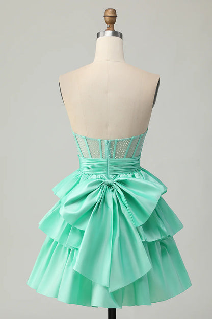 Strapless A Line Tiered Corset Beaded  Homecoming Dress with Bow