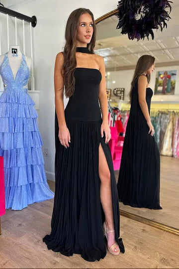 Strapless Black Chiffon Maxi Prom Dress with Scarf Neck, High Slit and Open Back
