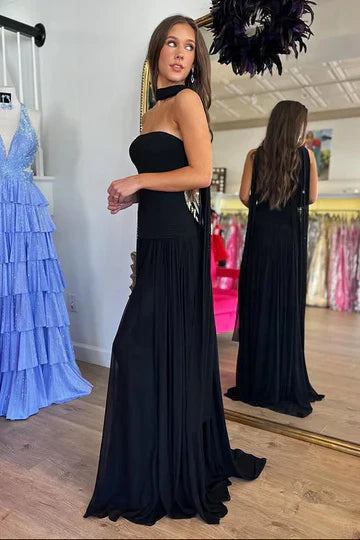 Strapless Black Chiffon Maxi Prom Dress with Scarf Neck, High Slit and Open Back