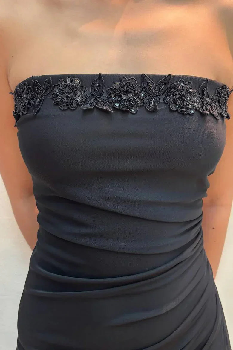 Strapless Black Chiffon Prom Dress with Beaded Lace and Ruffled Side Panel