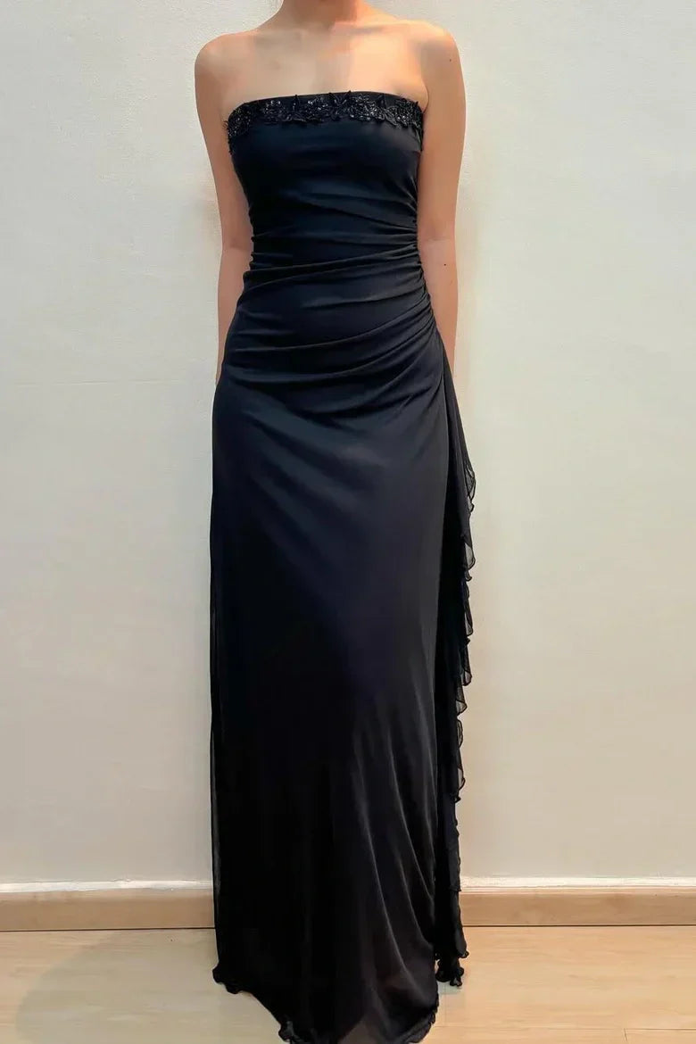 Strapless Black Chiffon Prom Dress with Beaded Lace and Ruffled Side Panel